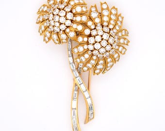 Large Vintage 18k Gold Floral Brooch with Diamonds VVS/E – French Fine Jewelry 1950