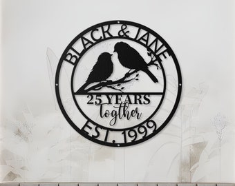 Custom 25th Anniversary Gift, Golden Anniversary, 50 Year Anniversary Sign, Wedding Anniversary Metal Wall Art, Couple of Birds Metal Sign