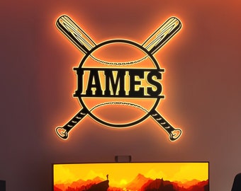 Personalisiertes Namensschild aus Metall mit LED-Beleuchtung und Baseballschläger-Motiv, Wanddekoration aus Metall, Namensschild für amerikanische Softballspieler, Geschenk für Baseballfans