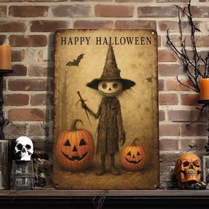 Primitive Halloween Metal Sign, Rustic Antique Porch Decor, Outdoor Cottagecore Decoration, Cute Creepy Witch with Pumpkins