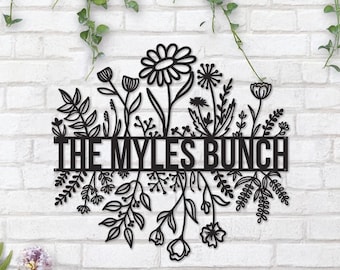 Letrero metálico con nombre familiar, arte floral personalizado para pared, letrero con apellido, decoración de jardín, regalo de boda, decoración para exteriores e interiores.