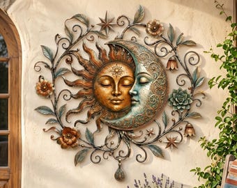 Può includere: Un'opera d'arte murale circolare in metallo con un design centrale raffigurante un sole e una luna con volti. Il sole è rifinito in toni oro caldo, mentre la luna è di un blu-verde freddo. Il pezzo è circondato da viticci, foglie e fiori in metallo.