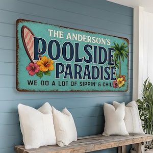 Personlig poolside paradisskylt, poolbardekor poolside paradis, tikibarskylt, utomhuspoolskylt, personlig present, uteplatsdekor