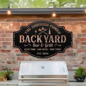 Może przedstawiać: Czarny metalowy znak z tekstem "The Anderson Family Backyard Bar & Grill" z efektem rustykalnego usłojenia drewna. Znak zawiera również kieliszek do wina, skrzyżowane narzędzia do grillowania i butelkę piwa. Tekst "Great Food - Live Music - Good Times" i "Est. 2024" również jest uwzględniony.