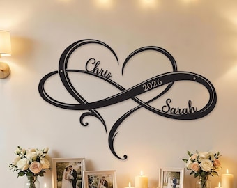Custom Infinity Heart Metal Wall Sign With Names and Year