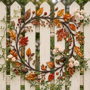 May include: A circular wreath featuring dark brown branches adorned with autumn-colored leaves in shades of orange, red, and gold. The wreath is decorated with small red and orange berries, brown acorns, and clusters of pale pink roses.