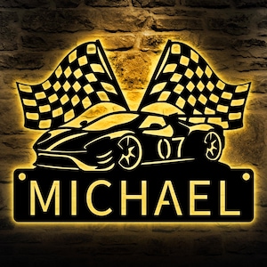 Custom Racing Car Metal Sign with LED lights, Race Car Sign, Sports Sign, Racing Car Metal Wall Art, Gift for Him, Garage sign