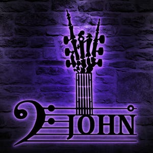 Personalized Rock On Guitar Metal Wall Art, Rock Roll Skeleton Hand Sign With Lights, Guitarists Lover Gift, Music Studio Decor, Band Room