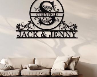 Personalized Monogram Metal sign, Custom Family Name Metal Sign, Metal Door Hanger Initial Split Letter Wall Art Decor, Wedding Couple Gifts