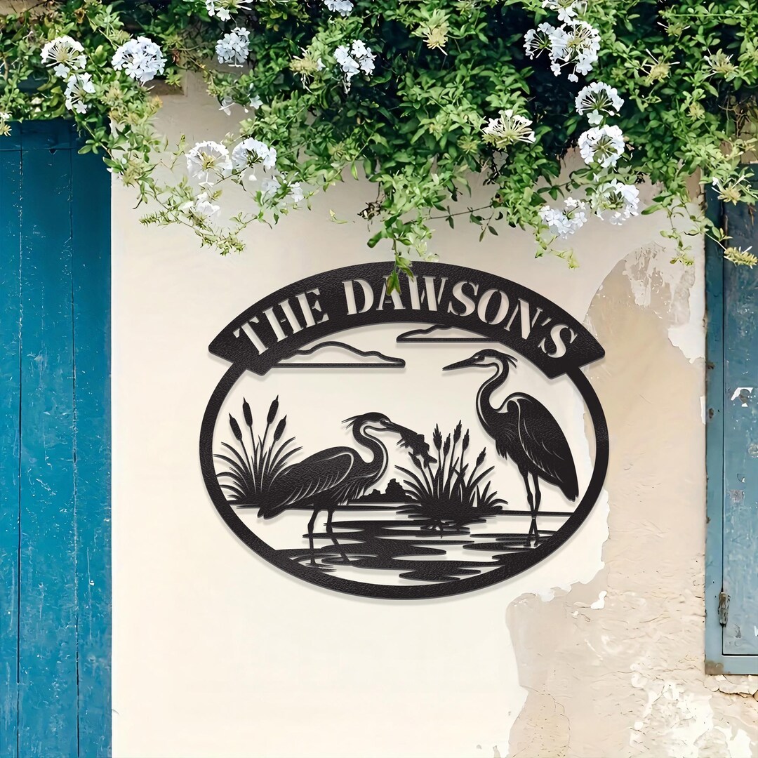 Custom Heron Metal Monogram Sign, Personalized Family Name Lake House ...