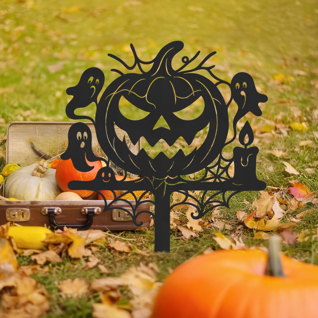 Halloween Pumpkin Ghost Metal Yard Stake, Scary Jack O Lantern Outdoor ...
