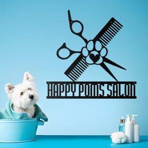 Custom Dog Grooming Hair Salon Metal Wall Art LED Light Personalized Groomer Name Sign Home Decor Pet Grooming Decoration Christmas Gift