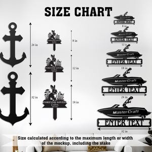 May include: Black metal wall art pieces, including anchors (24 and 32 inches tall), rabbit garden stakes (8, 12, and 18 inches tall), and boat-shaped signs (8, 12, 18, 24, and 32 inches wide). The signs have space for custom text.
