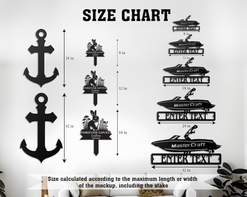 May include: Black metal wall art pieces, including anchors (24 and 32 inches tall), rabbit garden stakes (8, 12, and 18 inches tall), and boat-shaped signs (8, 12, 18, 24, and 32 inches wide). The signs have space for custom text.