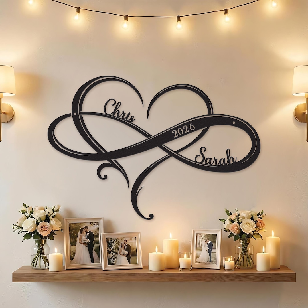 Custom Infinity Heart Metal Wall Sign With Names and Year, Personalized ...