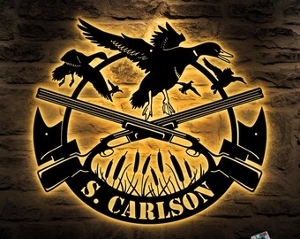 Custom Duck Hunting Metal Sign with LED Light, Hunter Name Sign, Duck Cabin Wall Decor, Gift for Him, Housewarming, Christmas Gift