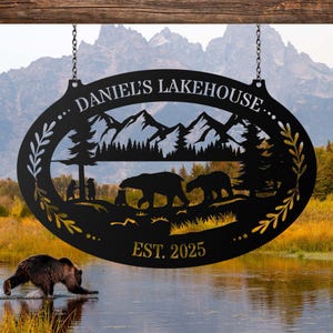 Custom Bear Cabin Metal Sign, Mountain Scene Family Name Plaque, Personalized Lake House Outdoor Decor, Rustic Lodge or Hunting Cabin Gift