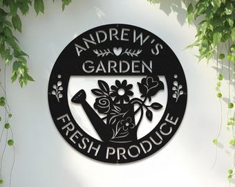 Outdoor Garden Decor, Personalized Garden Metal Sign – Custom Watering Can Wall Art, Fresh Produce Flower Sign with Name