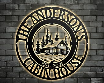 Personalized Cabin Metal Signs With LED Light , Custom Cabin Lake House Cottage Wall Art Decor, Cabin House Metal Decor, Housewarming Gifts