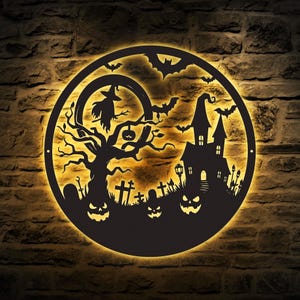 Haunted House Metal Wall Art with LED Lights – Spooky Halloween Witch House Sign, Scary Halloween Decor for Living Room & Home
