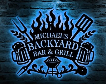 Personalized Backyard Pool Metal Sign LED Light, Outdoor Wall Art Decor ...