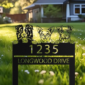 Custom Peeking Dogs Address Stake, Puppy Metal Address Sign House number, Hanging Address Plaque, Outdoor Garden Decor, Dog Lover&#39;s Gifts