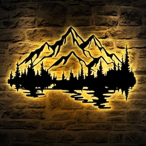 Natura Montagna Foresta Metallo Arte da Parete LED Luce Collina Albero Grande Avventura Cartello Casa Escursionismo Decorazione Camper Escursionista Decorazione Asilo Nido Compleanno