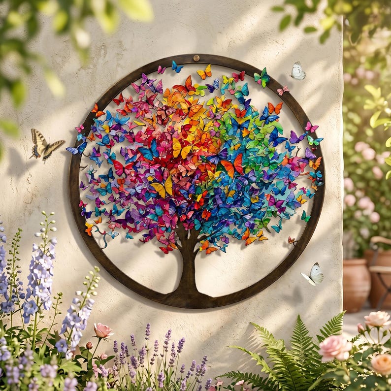 Colorful Butterfly Tree Metal Sign, Custom Rainbow Tree of Life Wall ...