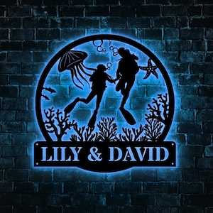 Custom Couple Scuba Diving Metal Sign Art, Personalized Scuba Diving Sport Metal Sign, Water Sport Wall Hanging, House Lake Sign Decor