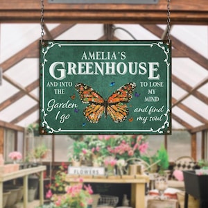 Custom Metal Greenhouse Sign, Personalized Hanging Garden Sign, BackYard Wall Art Decor, Conservatory Sign, Retro Garden Plaque, Mom Gift