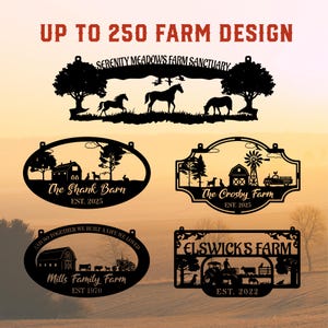 May include: Black metal farm signs with various designs, including horses, barns, and farm animals. The signs feature text such as "Serenity Meadows Farm Sanctuary," "The Shank Barn," "The Crosby Farm," "Mills Family Farm," and "Elswick's Farm." The signs are designed for outdoor use.