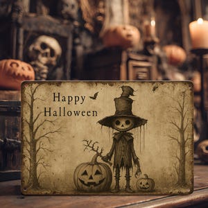 Primitive Halloween Metal Sign, Rustic Antique Porch Decor, Outdoor Cottagecore Decoration, Cute Creepy Witch with Pumpkins