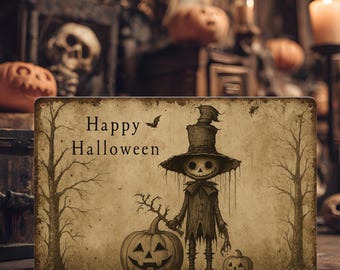 May include: A vintage-style metal sign with the words "Happy Halloween" and a drawing of a scarecrow with a pumpkin. The sign has a distressed look with a sepia tone, and is decorated with a bat and bare trees.
