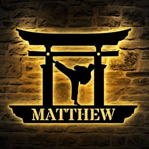 Gepersonaliseerde metalen karatebord met ledverlichting, karate metalen muurkunst, metalen bord vechtsporten, aangepast naambord sportspeler, kerstcadeau