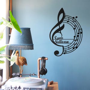 Arte de pared de metal con notas musicales personalizadas, letrero con nombre de músico, regalo personalizado para músico, amante de la música, regalo para profesor de música, decoración de sala de música