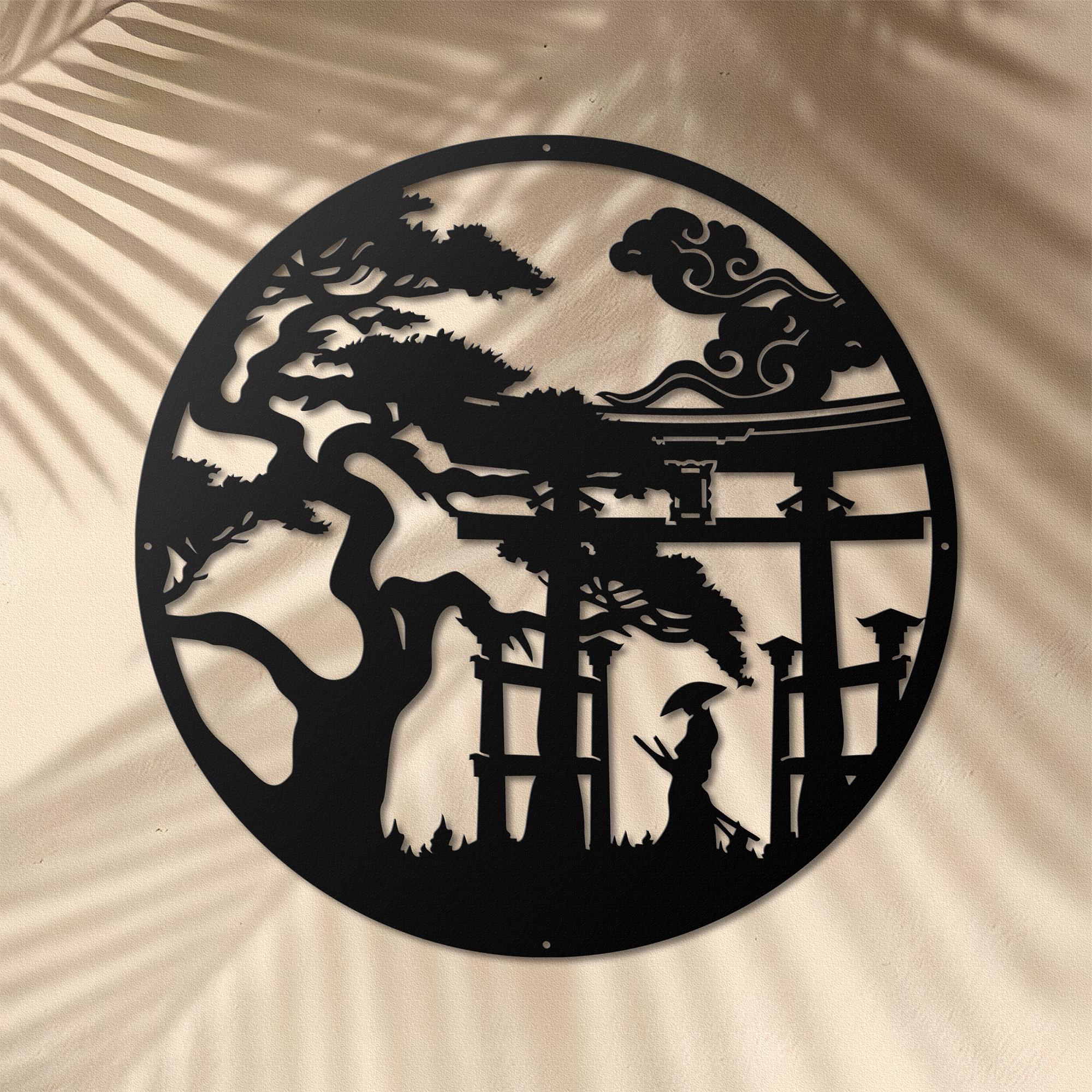 Japanese Torii Gate Metal Wall Art, Bonsai Tree Decor, Samurai