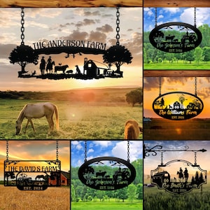 May include: A collection of six metal farm signs with different designs. Each sign features a silhouette of a farm scene with a farmhouse, trees, animals, and a tractor. The signs are all black and have a rustic look. The text on the signs reads "The Anderson Farm", "The David's Farms", "The Johnson's Farm", "The Williams Farm", and "The Smith's Farm".