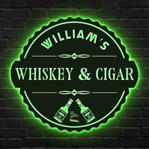 Custom Cigar Lounge, Metal Wall Art, LED Light, Personalized Whiskey Smoke Sign, Home Bar, Pub Decor, Cocktail Decoration, Man Cave