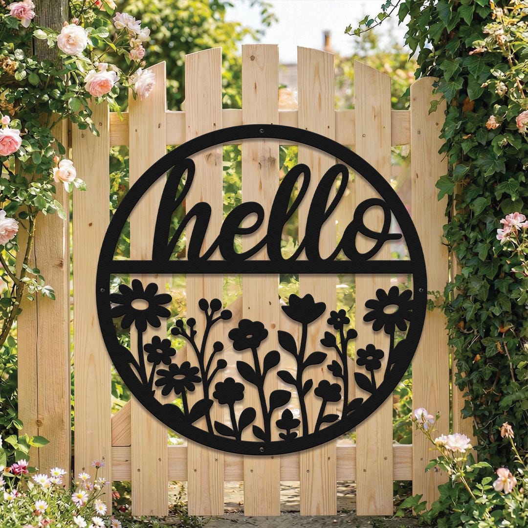 Personalized Metal Hello Sign, Custom Text Floral Wall Decor, Round ...