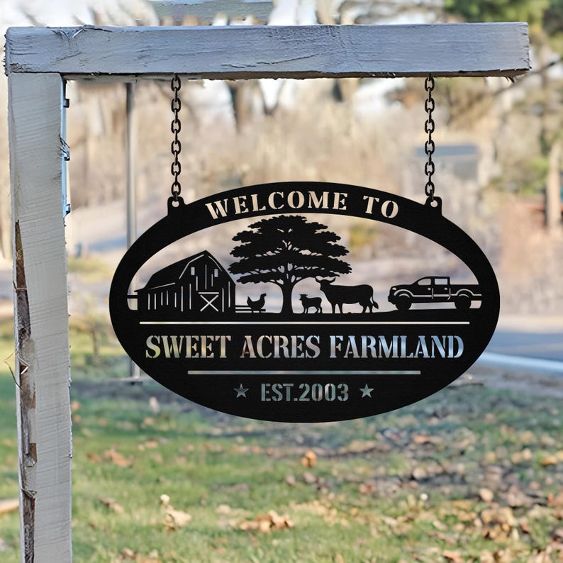 Custom Farm Welcome Sign, Personalized Name With Barn, Trees, and ...