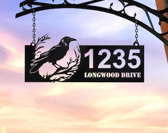 Personalized Crow Raven Metal Address Sign House Number, Hanging