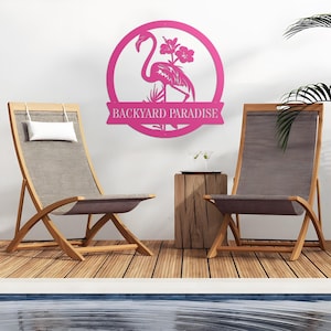 Art mural en métal personnalisé flamant rose, nom personnalisé pour jardin ou terrasse, décoration oiseau flamant rose, cadeau de pendaison de crémaillère, décoration de piscine ou de salon