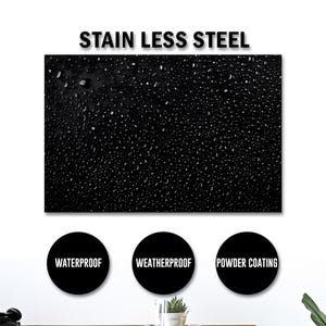 May include: A black rectangular panel with a water droplet pattern. The text "STAIN LESS STEEL" is above the panel. Below are three black circles with the words "WATERPROOF", "WEATHERPROOF", and "POWDER COATING".