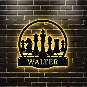 Custom Chess Metal Wall Art LED Light, Personalized Chess Player Name Sign, Home Decor Game Zone Man Cave, Kid Nursery Decoration Christmas