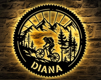 Gepersonaliseerde metalen bord mountainbike, led fietser, cadeau fietser, muurkunst mountainbike, aangepast naambord fietser, decor biker thuis
