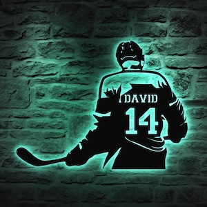 Enseigne hockey personnalisée en métal avec LED, nom et numéro personnalisés, décoration murale, cadeaux hockey pour chambre de garçon, cadeau pour homme, décoration de salle de sport