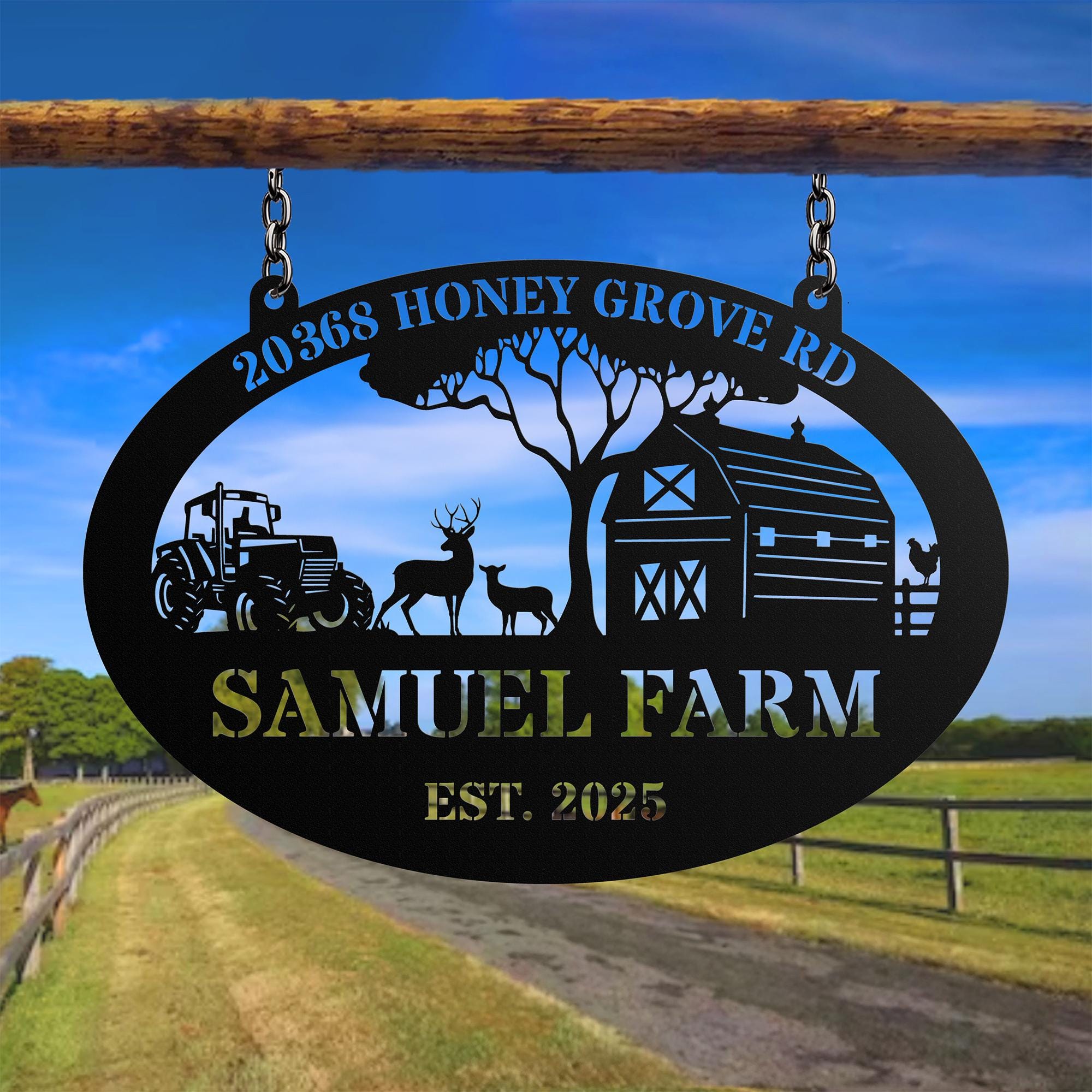 鹿の模様が入ったパーソナライズされた金属製牧場看板、カスタム