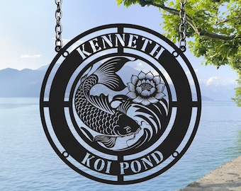 Decoración de pared metálica personalizada con peces koi, letrero personalizado para estanque de koi, decoración de exteriores con peces, letrero metálico de loto koi, decoración de pared para jardín o patio.