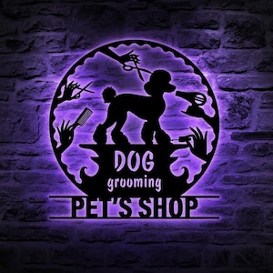 Custom Dog Grooming Hair Salon Metal Wall Art LED Light, Personalized Groomer Name Sign, Home Decor Pet Barber Shop, Christmas Gift