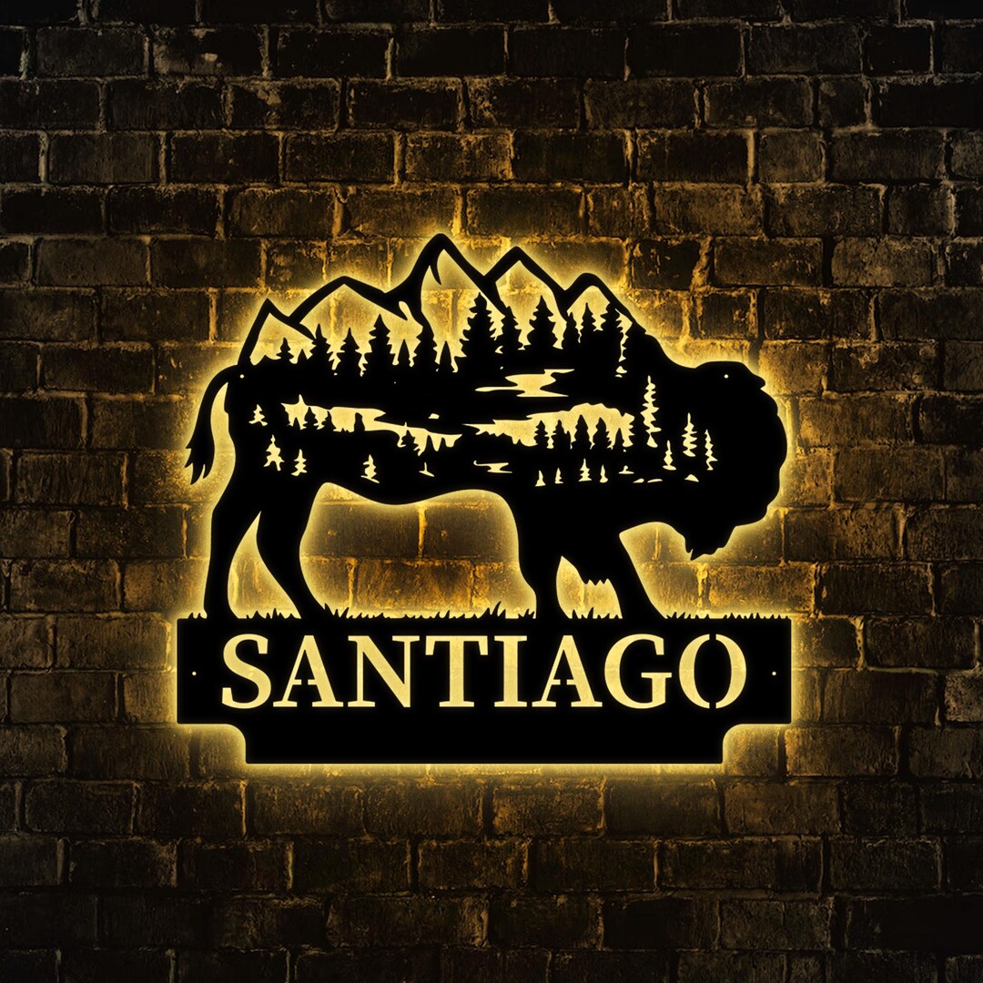 Forest Mountain Bison Metal Sign With LED Light, Bison Wall Decor, Wall ...